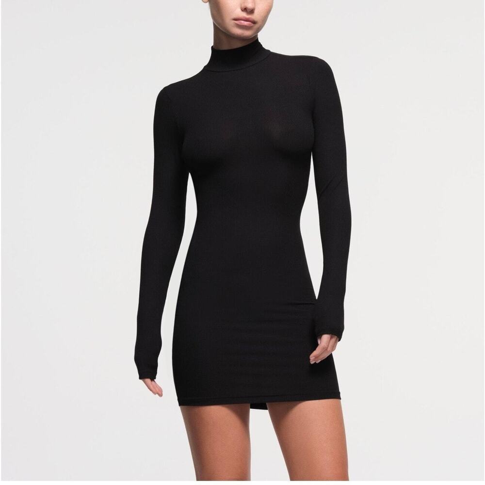 SKIMS Black Long-Sleeve Turtleneck Mini Dress